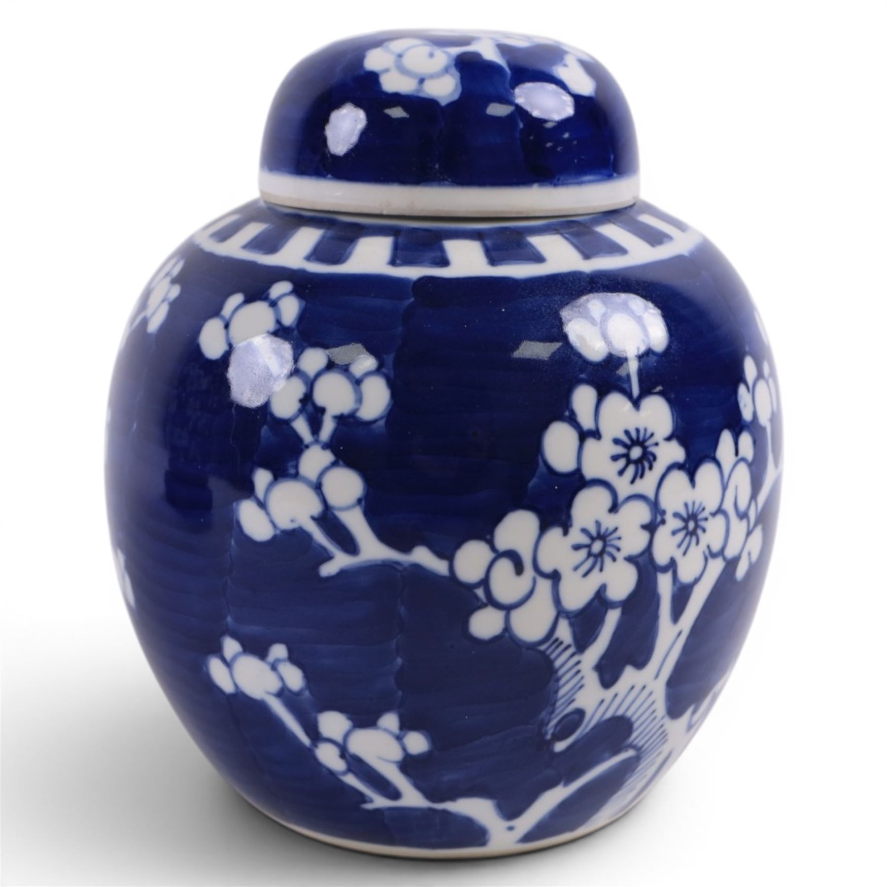 20th century Chinese blue and white porcelain prunus blossom ginger jar with cover with stand, together with another similar 