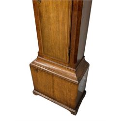 Henry Hindley of York – mid-18th century oak cased 8-day longcase clock,
flat topped caddy pediment with gesso finials, rectangular hood door flanked by wooden turned pilasters with capitals, canted trunk with a full-length break arch topped door on a short plinth with applied skirting and bracket feet, brass dial with a silvered chapter ring, Roman numerals and five-minute Arabic’s, minute and inner quarter hour tracks, matted dial centre with subsidiary seconds dial, blued steel hands and female head pattern spandrels, silvered calendar dial to the break arch with dolphin spandrels, four pillar rack striking movement, striking the hours on a bell. With weights and pendulum. 
H250 W48 D27
Henry Hindley originally from Wigan (Lancs) is recorded as working in York from Petergate 1731-41 then Stonegate 1741-1771. A famous and highly innovative maker, often referred to as the “Tompion of the North.” 
