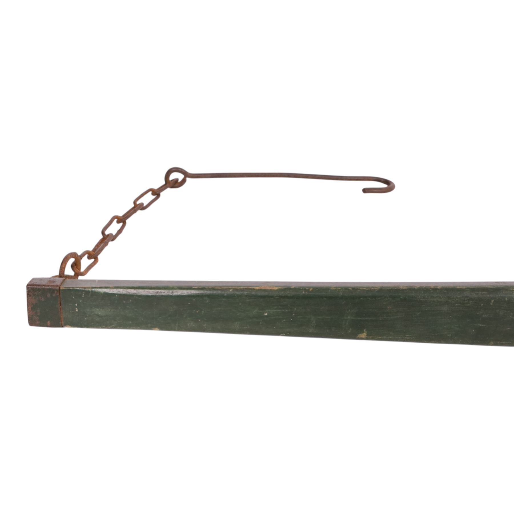 Green painted yoke with iron fittings and hooks, L118cm