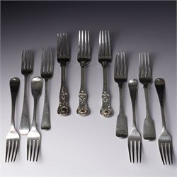 Pair of George IV silver fiddle pattern dessert forks, London 1824, another pair London 18...