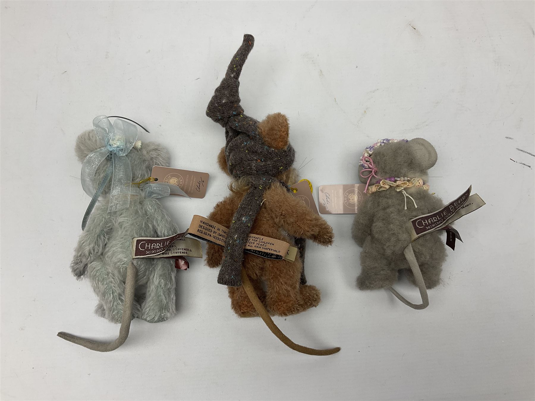 Three limited edition Charlie Bears, comprising Clockwork 168/1200, Pearl Grey 172/600, and Garter 195/600, each designed by Isabelle Lee, from the Minimo Collection, all with tags 