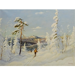  Harald Bjerved (Norwegian early 20th century): Skiing in the Mountains, oil on canvas signed 59cm x 79cm and Rural River Scene, oil on roller blind by the same hand signed 49cm x 79cm (2)  