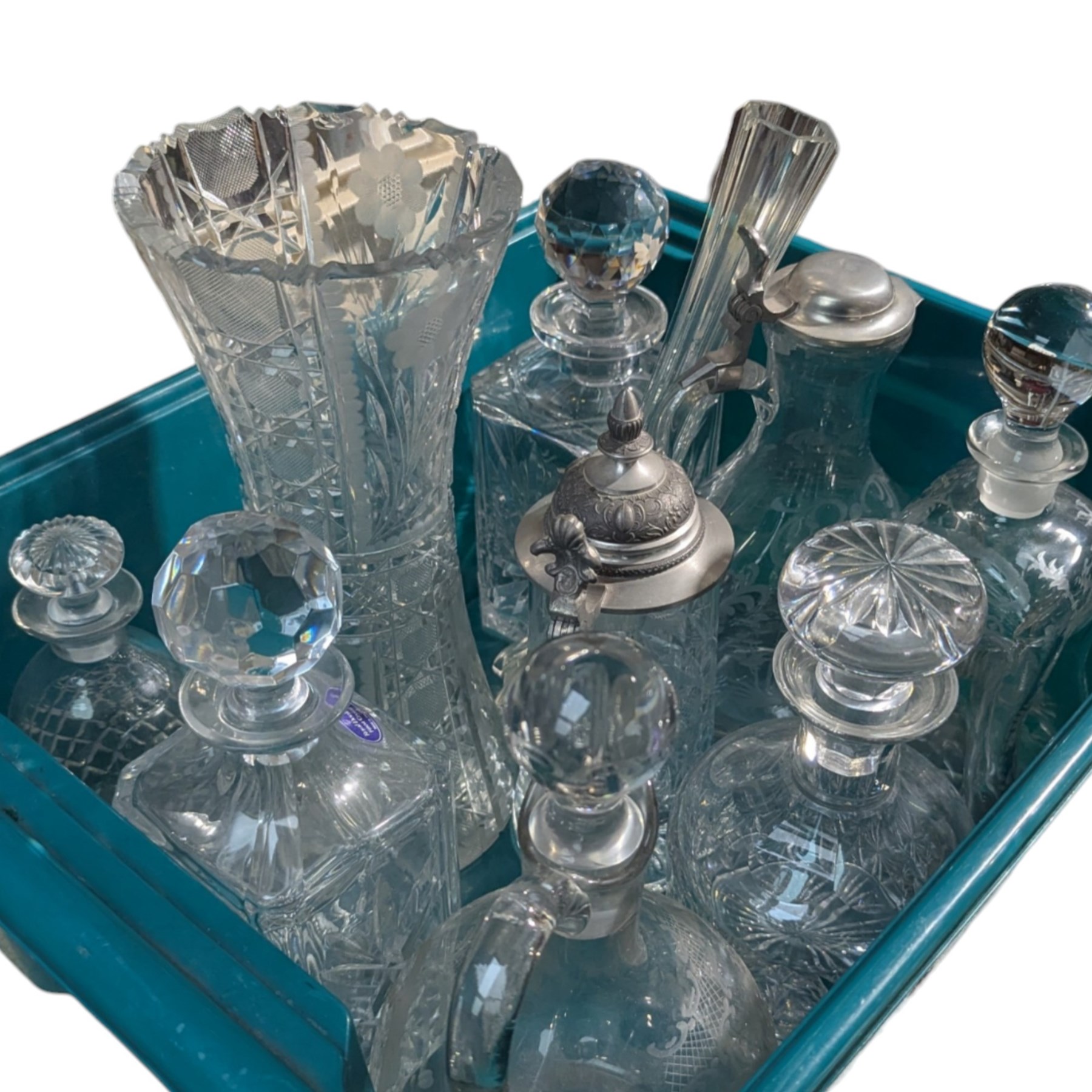 Collection of decanters, painted coat of arms, coffee service, spirits etc, contents in six boxes