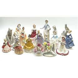 A group of mostly Royal Doulton figures, comprising Coralie HN2307, Alexandra HN3286, Fragrance HN2334, Hannah HN3369, Sweet Sixteen HN3648, Nicola HN2839, The Twelve Days of Christmas On The Eighth Day of Christmas HN5409, Valerie HN2107, and Cissie HN1809, plus one Lladro figure, four Nao figures, etc. 