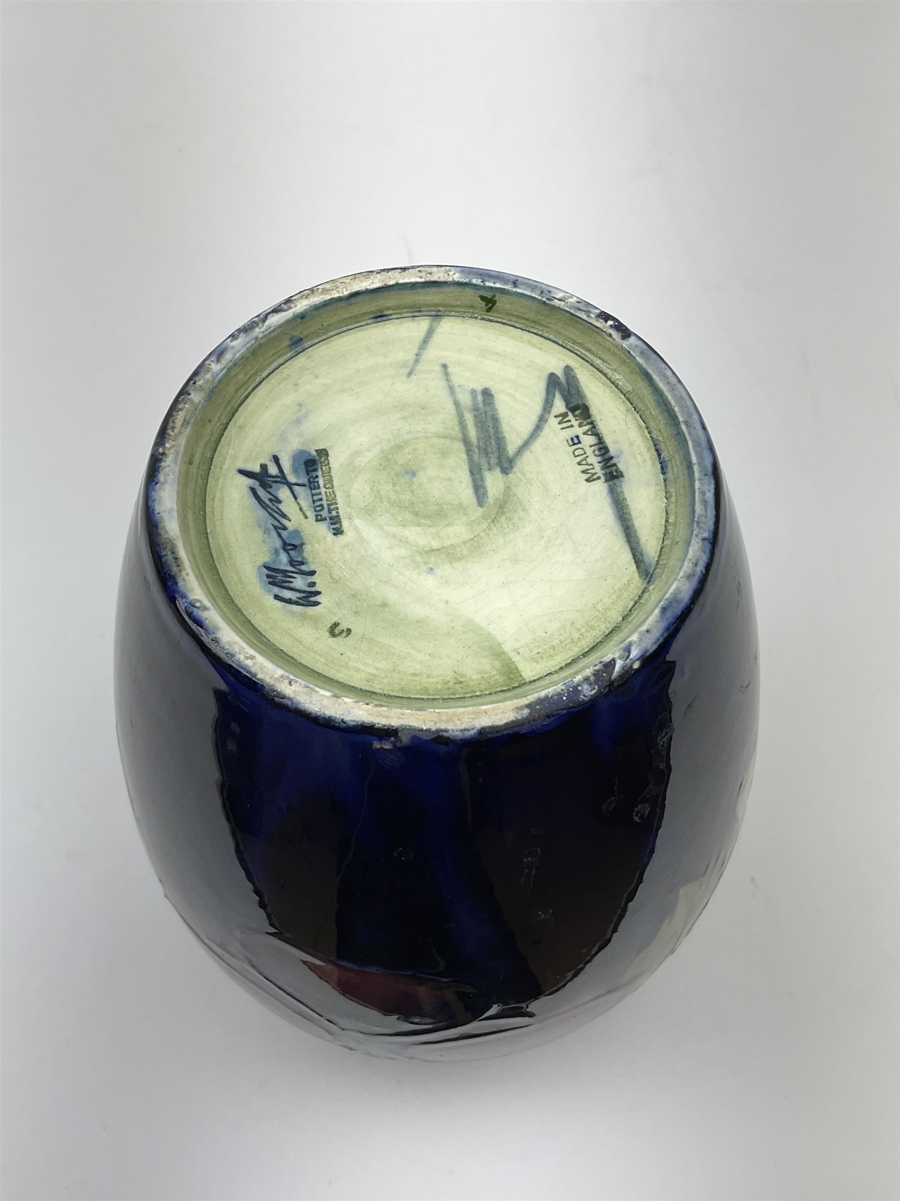 Moorcroft vase of ovoid form, decorated in Pansy pattern upon a dark