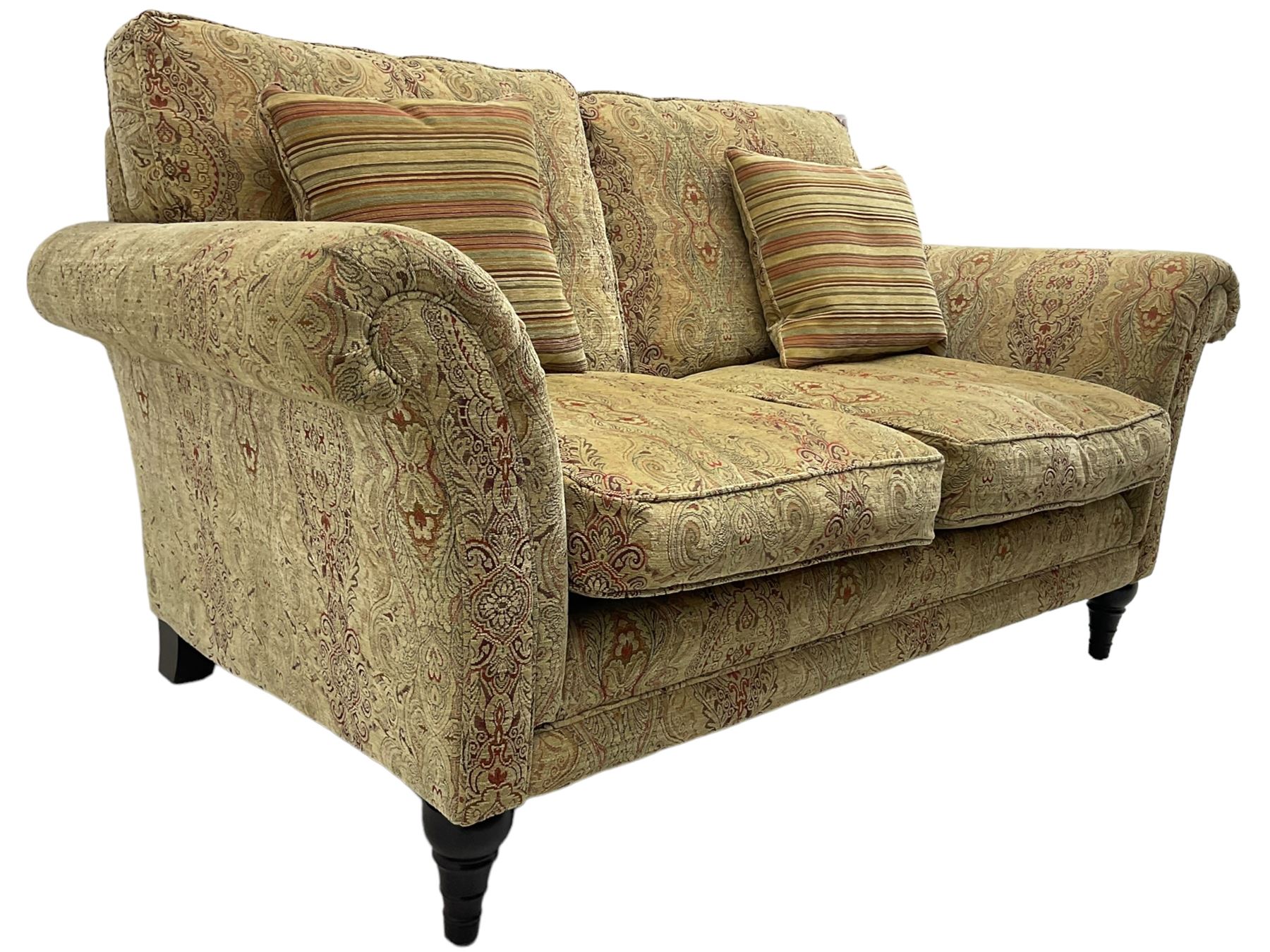 Parker Knoll - 'Burghley' two-seat sofa, upholstered in 'Baslow Medallion' gold floral pattern fabric