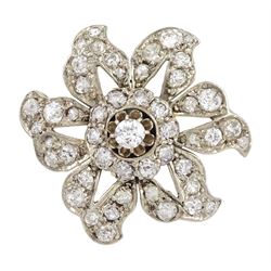 Victorian silver old cut diamond flowerhead brooch, the central diamond cluster, surrounded by diamond set open petals