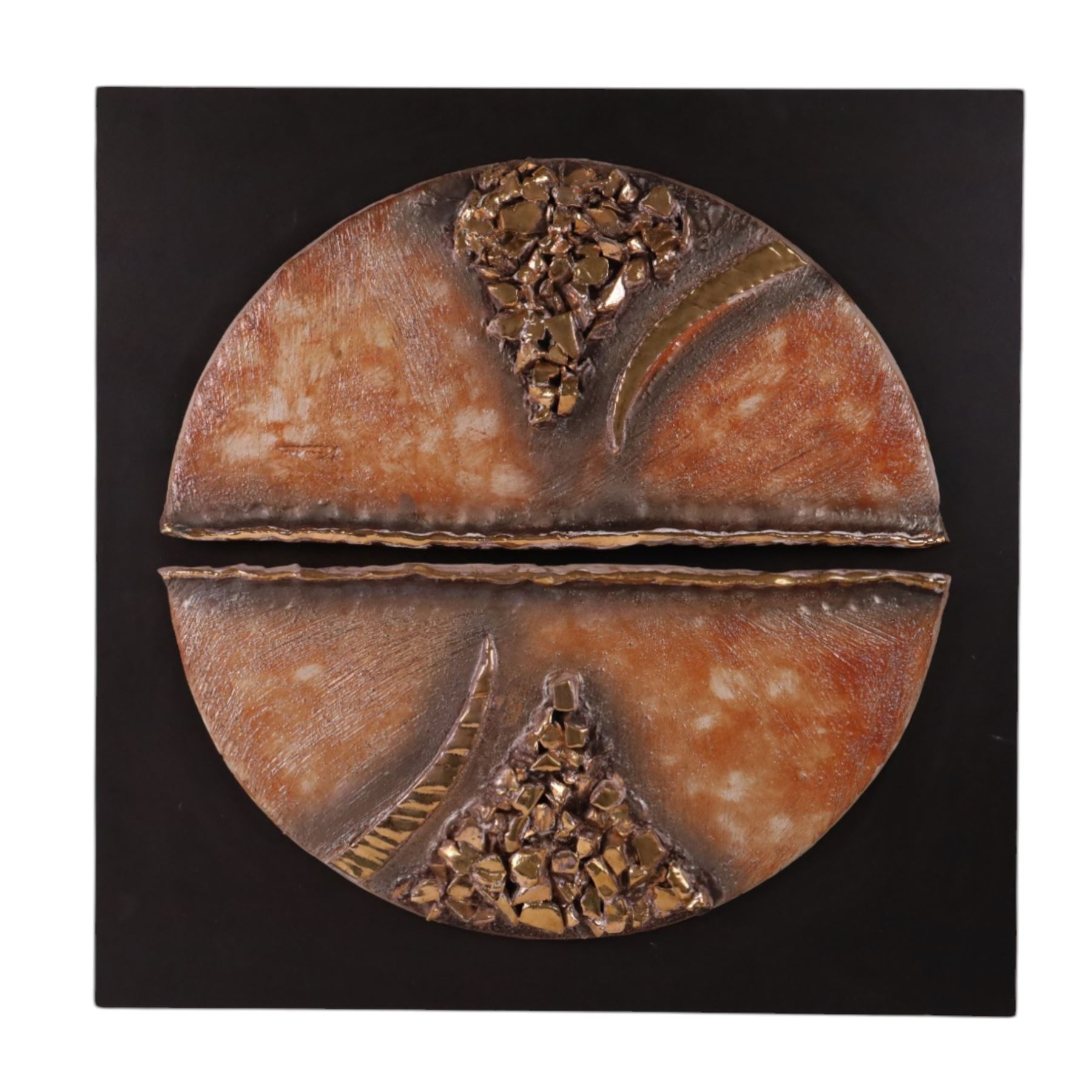 Large ceramic sculpture, two semi circles with abstract gold decoration, upon a black background, indistinctly signed  Studio pottery ceramic sculpture, H60cm 