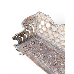 Victorian revival Carron Foundry design heavy cast iron two seat garden bench, scrolled arms with pierced lattice seat, finished in antique white paint