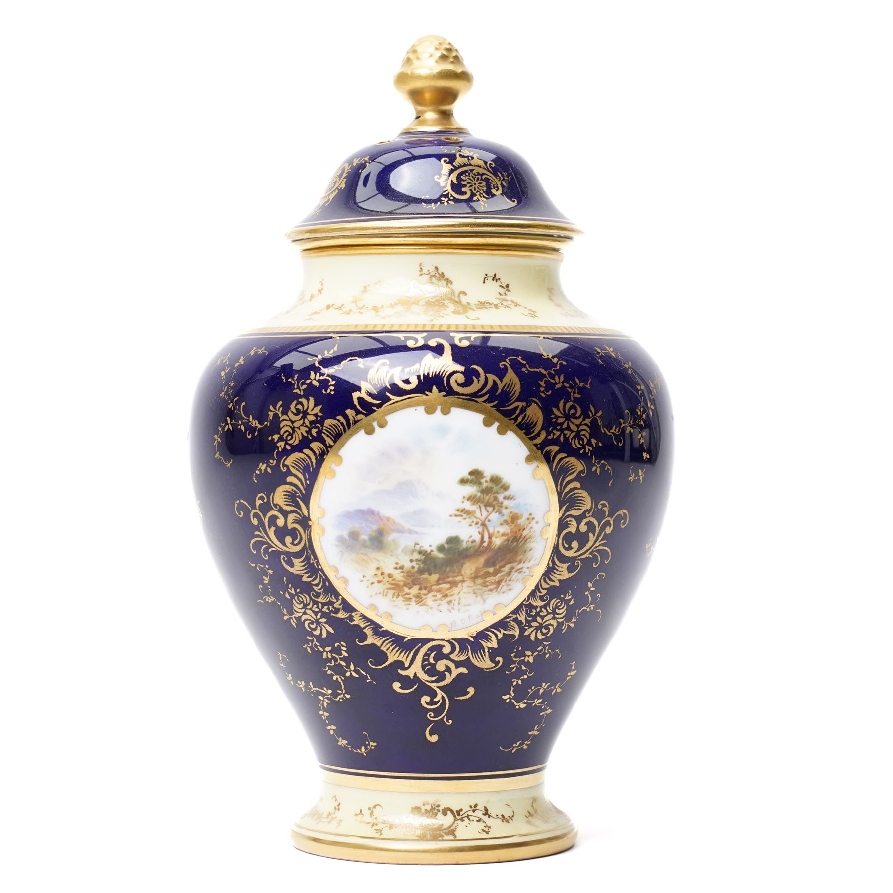 Coalport pot pourri jar and cover, circa 1920, the dark blue ground painted with landscape panels of Helvelly by E.O. (Ted) Ball, printed and painted marks to base, H17cm