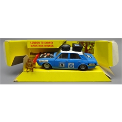  Corgi Hillman Hunter Rally car No.302, blue with multiple decals and white roof with spare wheels and luggage, in window box with kangaroo and instructions  