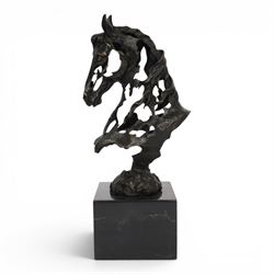 Stylised bronze model of an openwork horses head, signed Gadi and with foundry mark, raised upon black marble plinth, H41cm