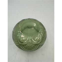 Three Austrian Art Nouveau iridescent glass vases, including a Kralik example of tapering form, with pearlescent lustre body and applied green flower decoration, tallest H18cm