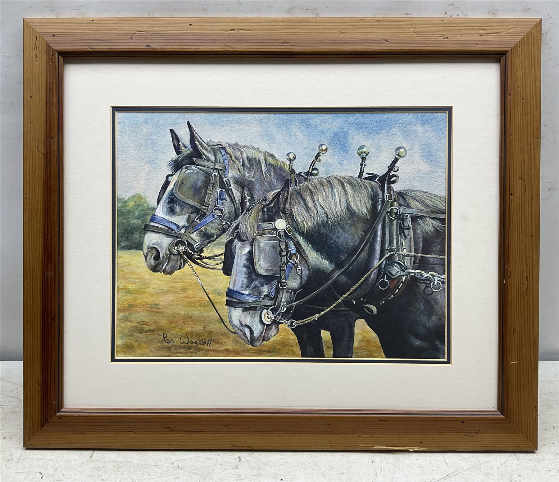 Ron Wagstaff (Northern British 20th Century): 'Heavy Lunch - Leopard', 'Cross County at Epworth', Draft Horses and The Farm, collection of four watercolours signed, variously titled verso; Dawn Ogel (British 20th Century): The Cockerel, pastel signed max 38cm x 35cm (5)