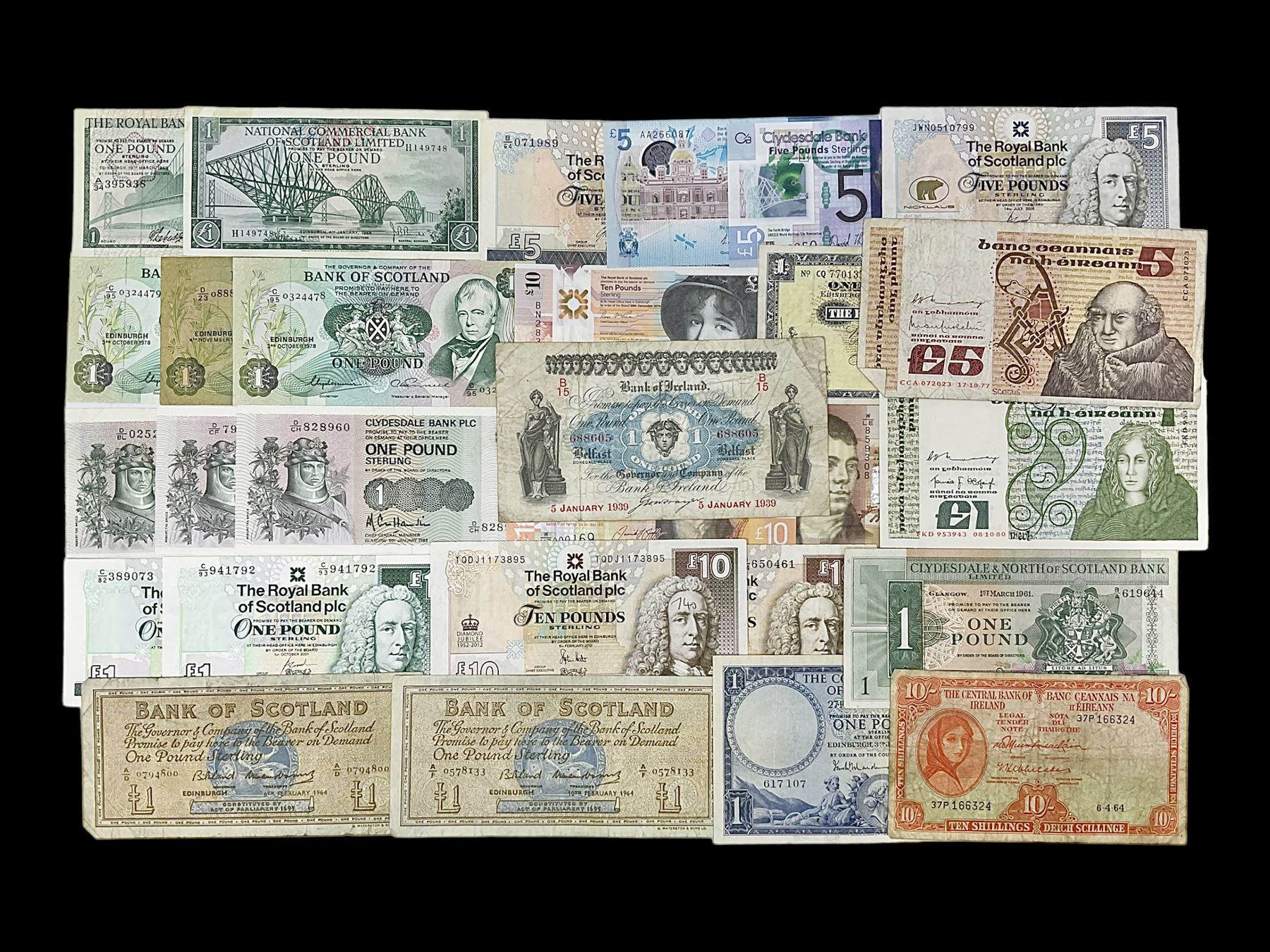 Irish and Scottish banknotes to include Bank of Ireland 5 January 1939 ‘B15’ one pound, two Bank of Scotland 1964 ‘AD07’ and ‘AF05’ one pound notes, one 1966 ‘CQ77’ one pound, and further notes from Clydesdale Bank, National Commercial Bank of Scotland Ltd. etc, housed in plastic sleeves