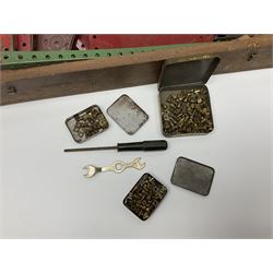 Meccano - quantity of playworn sections in red and green, in scratch-built pitch pine box with 3, 3A and 4A instruction booklets, box L43cm