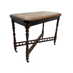 Late Victorian figured walnut and amboyna card-table, rectangular fold over top with baize lining, on turned supports joined by x framed balustrade stretchers