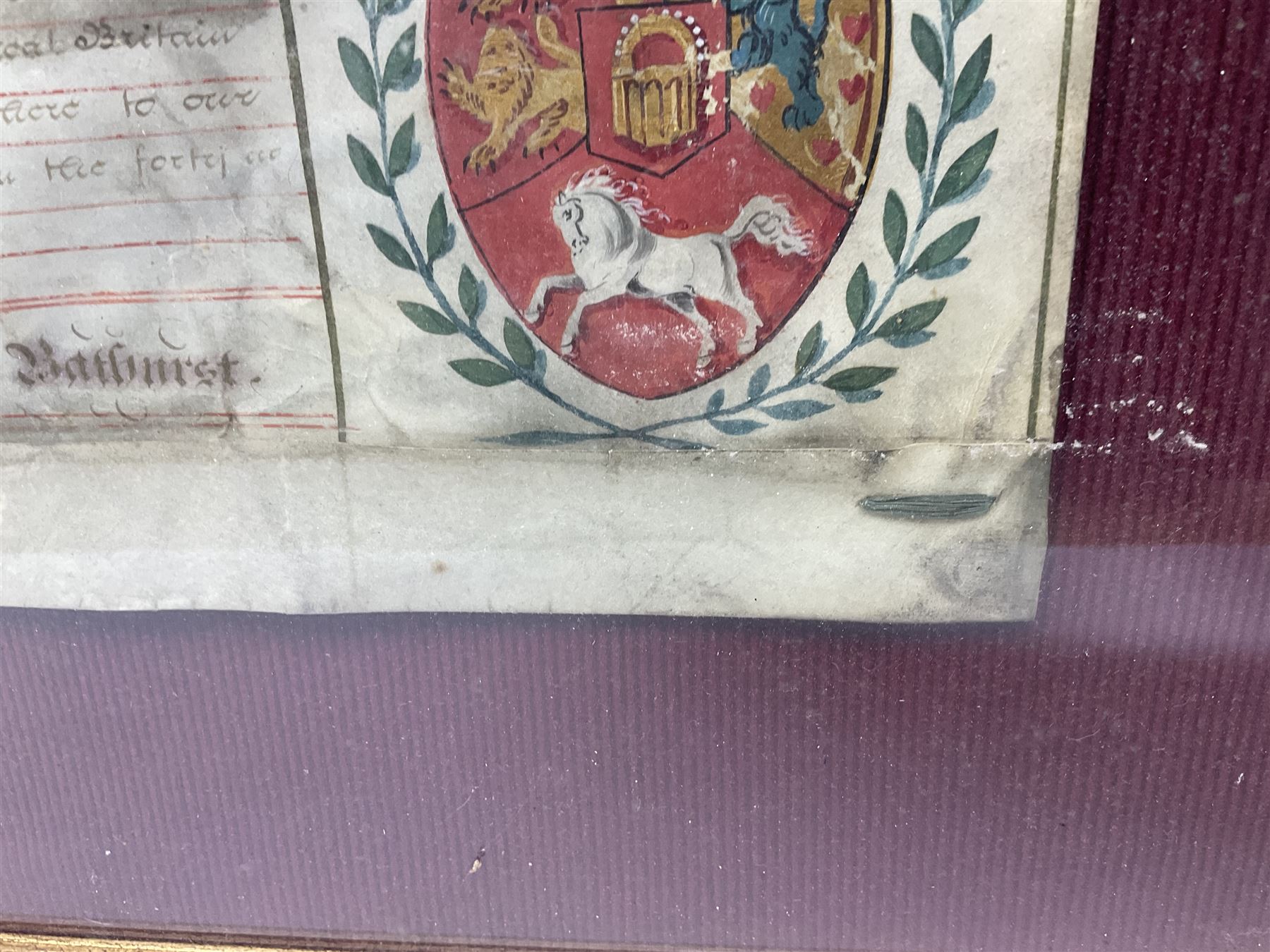 Large 18th century framed and glazed Indenture for King George III to George Rivers, Lord Rivers of Straths Saye, including frame H92.5cm L107.5cm