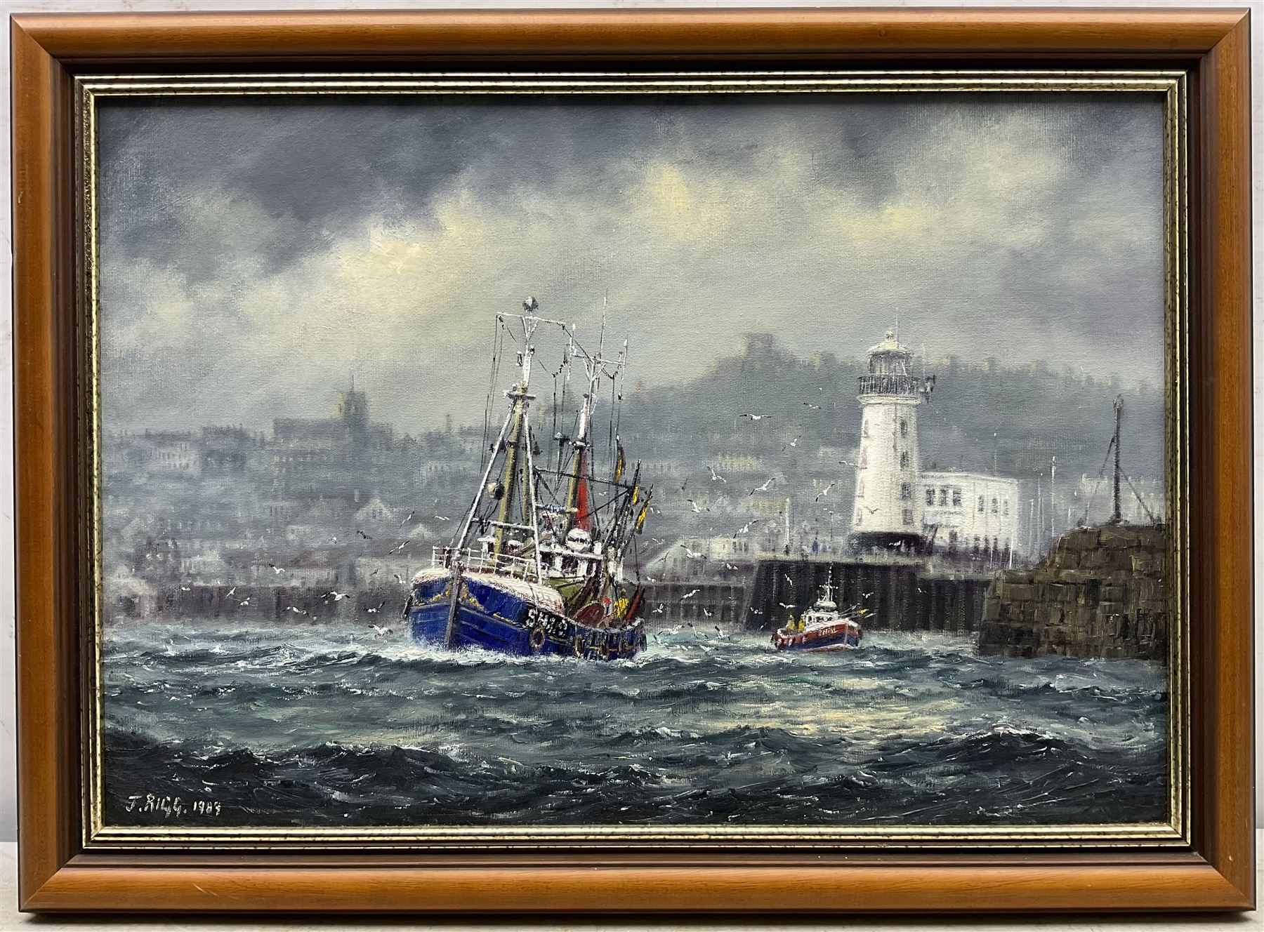 Jack Rigg (British 1927-2023): 'Yorkshire Harbour' - Scarborough, oil on canvas board signed and dated 1989, titled verso 44cm x 64cm