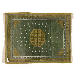 Chinese Ningxia rug, green field with central stylized shou medallion and scattered cloud ...