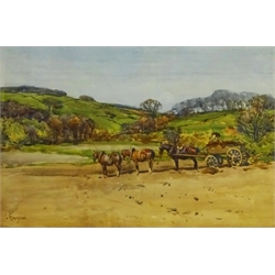 John Atkinson (Staithes Group 1863-1924): Yorkshire Landscape with Working Horses, watercolour signed, inscribed verso 32cm x 49cm