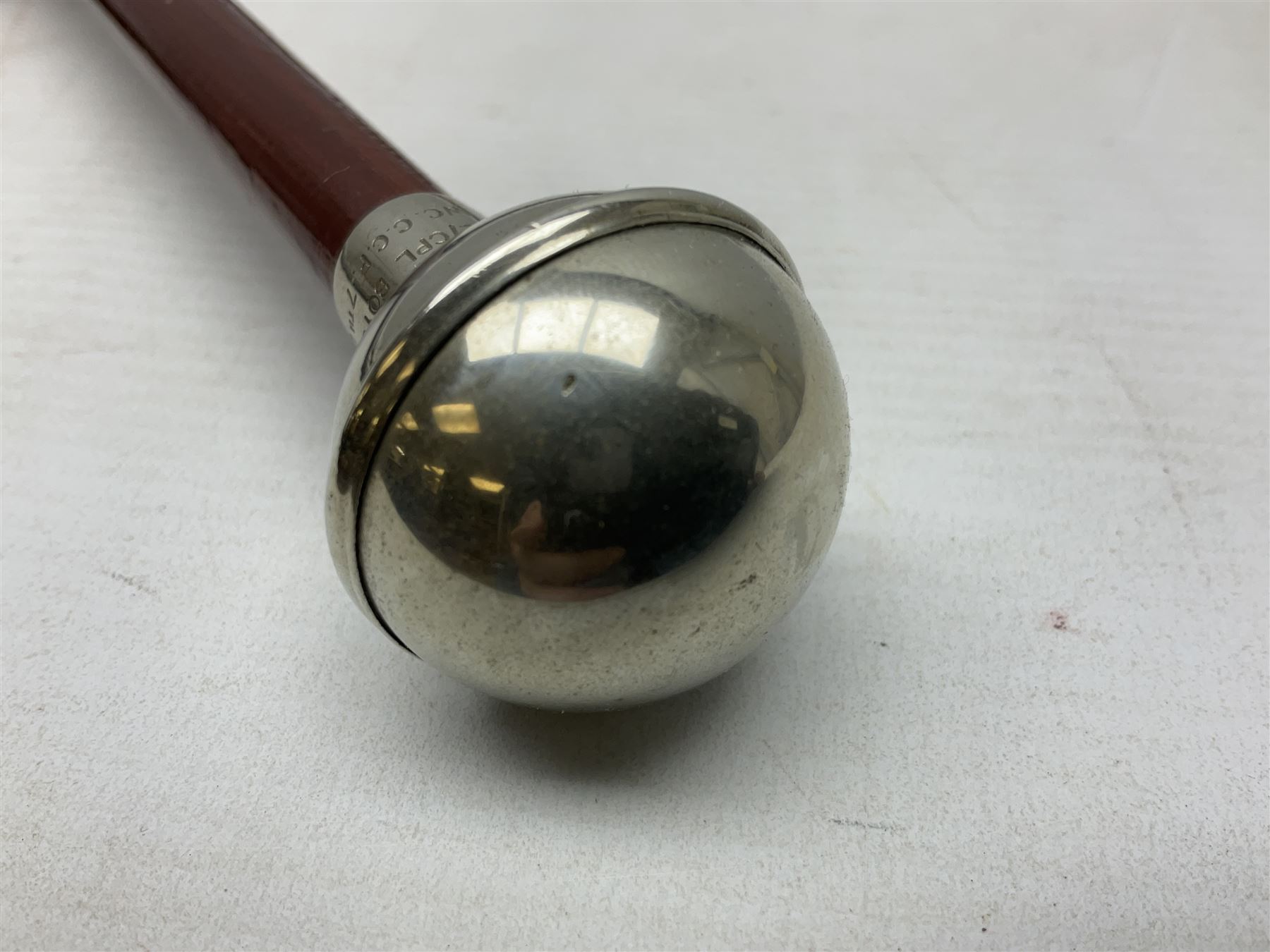 Three military swagger sticks - 14th Foot West Riding POWO Regiment; Northern Cyclist Battalion; both with regimental crests; and another with spherical terminal inscribed L/Cpl. Boycott P.M. WC. C.C.F. 7th Dec. 1960 (Combined Cadet Force?); all with plated mounts (3)