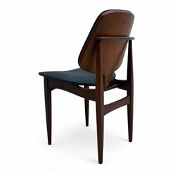 G-Plan - mid-20th century teak oval dining table, with butterfly leaf extension mechanism and four Elliot's of Newbury teak framed dining chairs upholstered in purple and green fabric, table un-extended width 152cm x depth 152cm x height 71cm, chairs 47x37x78cm 