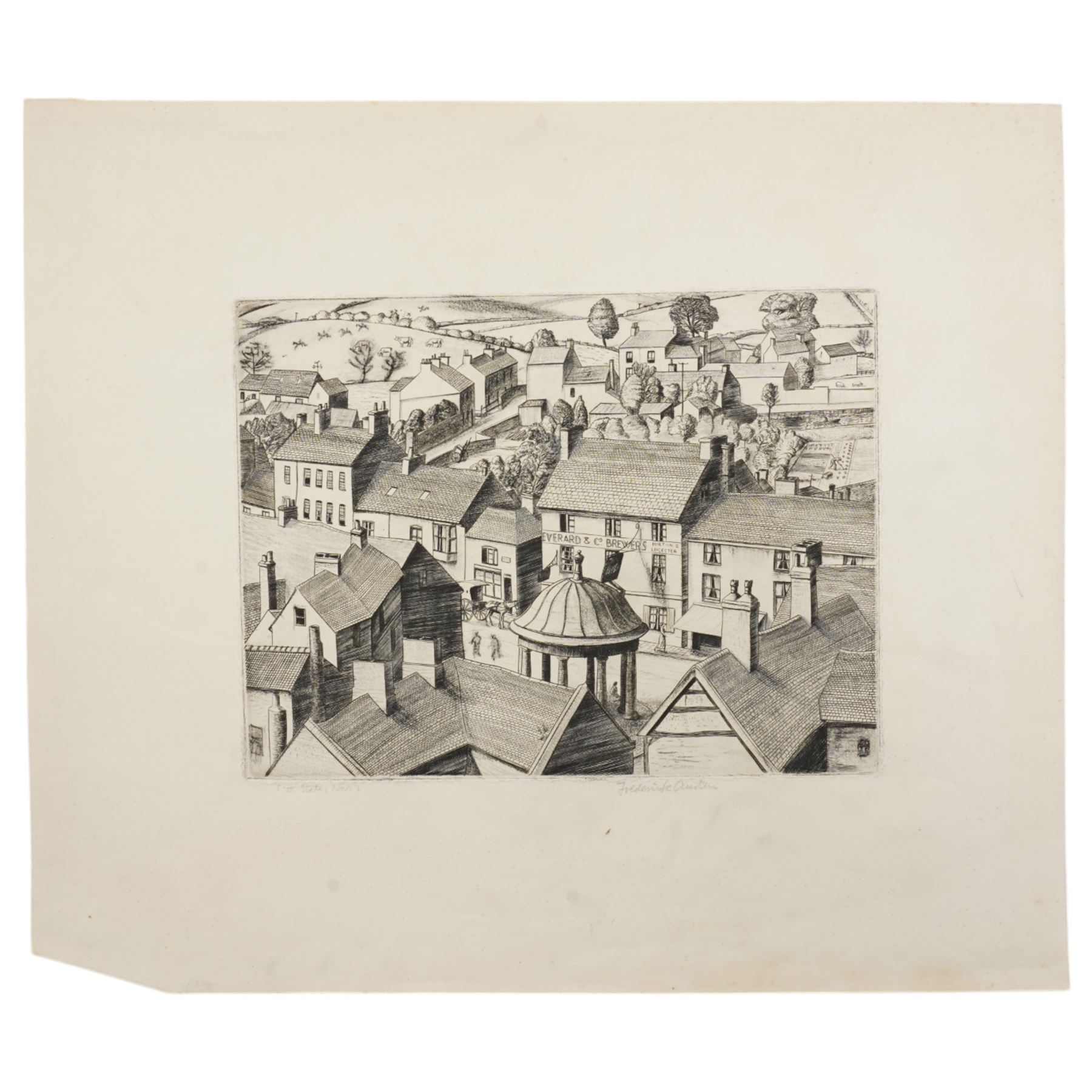 Frederick George Austin (British 1902-1990): An English Town, drypoint etching signed and inscribed 1st state in pencil, dated 1934 in the plate 15cm x 20cm (unframed)
Provenance: direct from the granddaughter of the artist