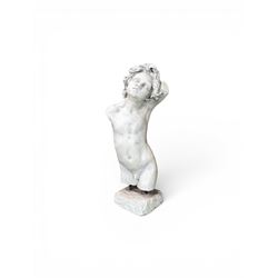 Early 20th century sculptured painted plaster figure of a boys torso, raised on 'stone' plinth