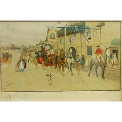  After Cecil Charles Windsor Aldin (British 1870-1935): 'The Bell at Stilton', coloured lithograph proof signed in pencil with remarque and blind stamp for Lawrence and Butler No.21, 41cm x 62cm Notes: the Bell Inn is just south of Peterborough on the Old Great North Road  