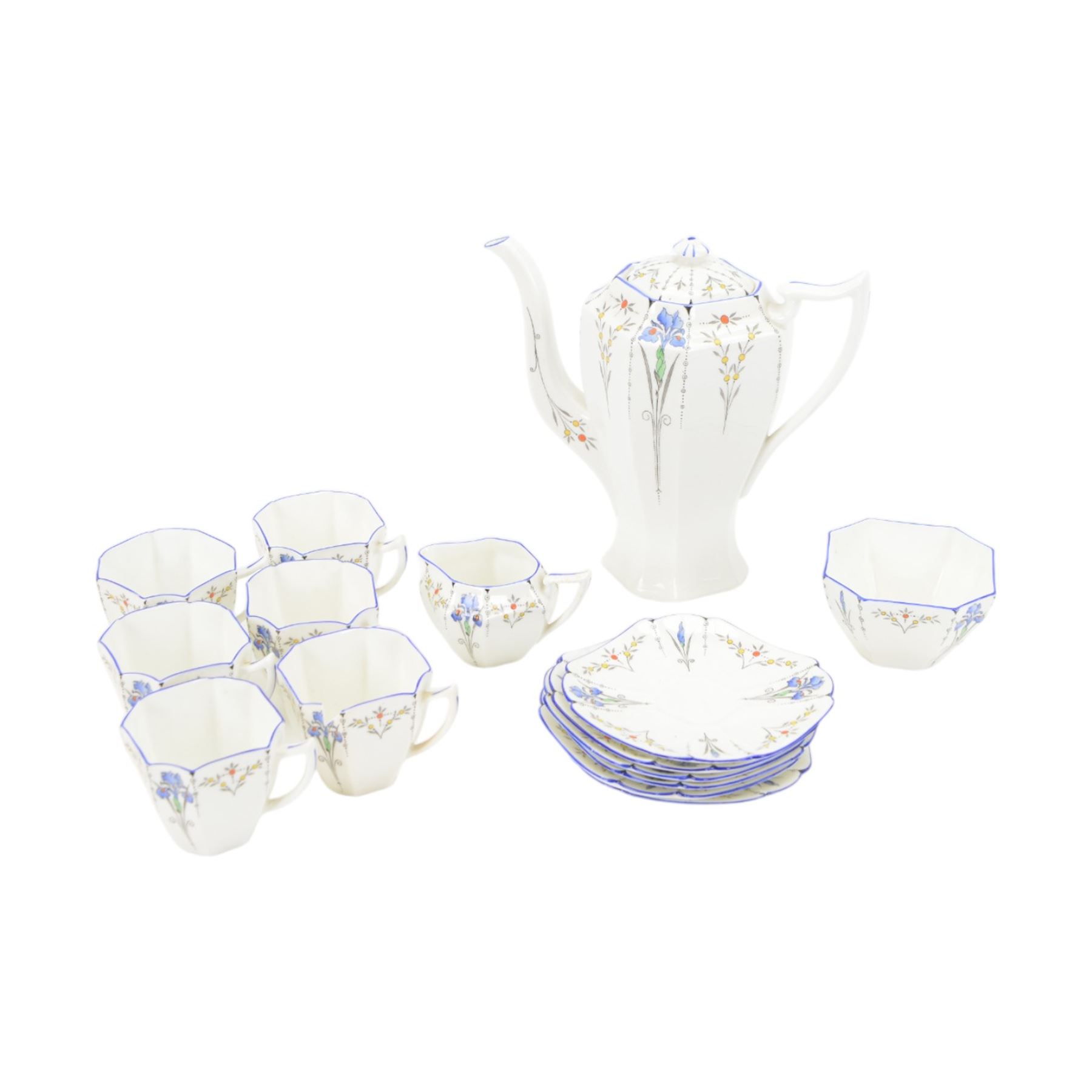 Shelley Art Deco Queen Anne shaped coffee service in the blue iris pattern comprising coffee pot, cream jug, sugar bowl, six cups, six saucers