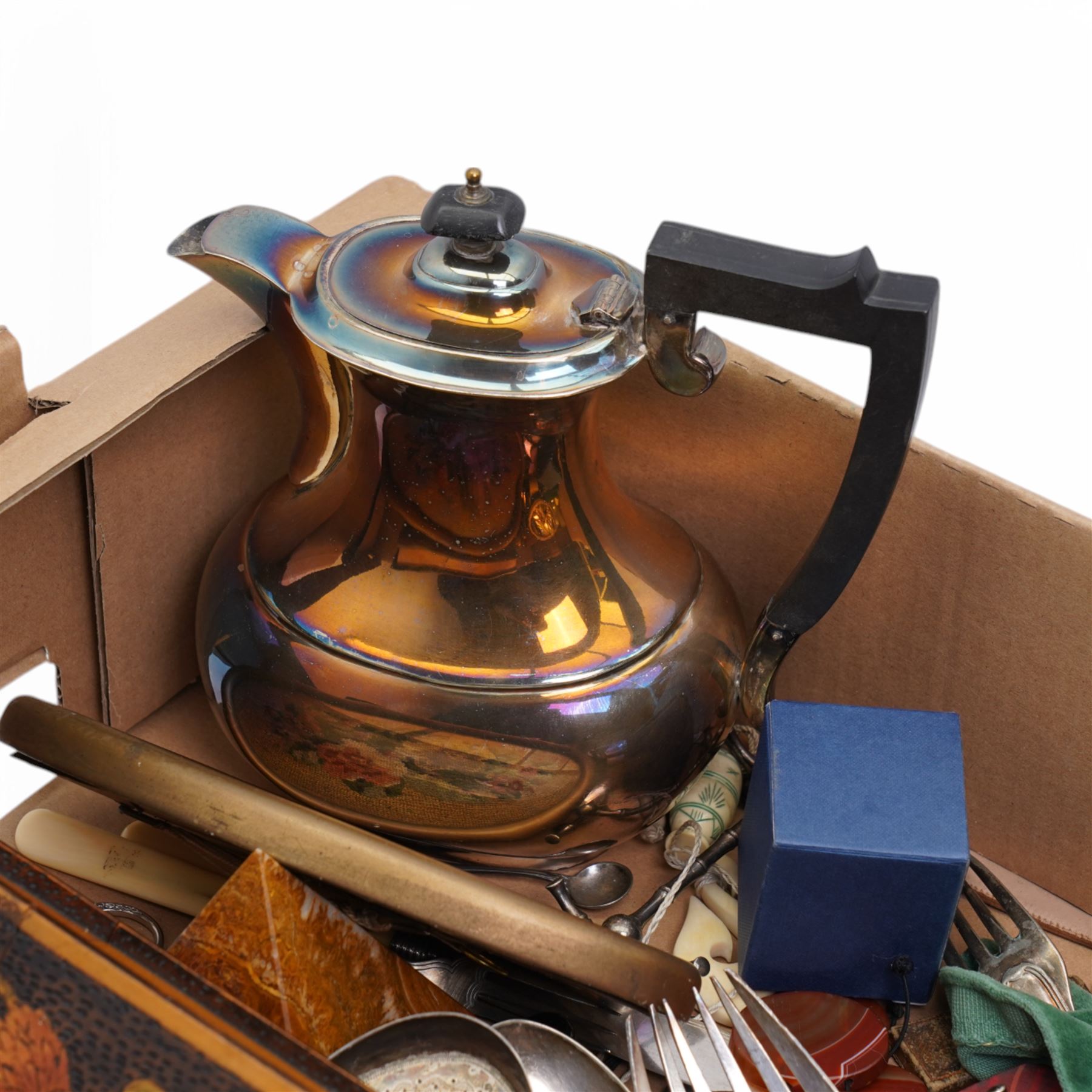 Various silver plate items, wooden kaleidoscope, Royal Scot crystal glasses, needlework, bone snuff boxes, etc