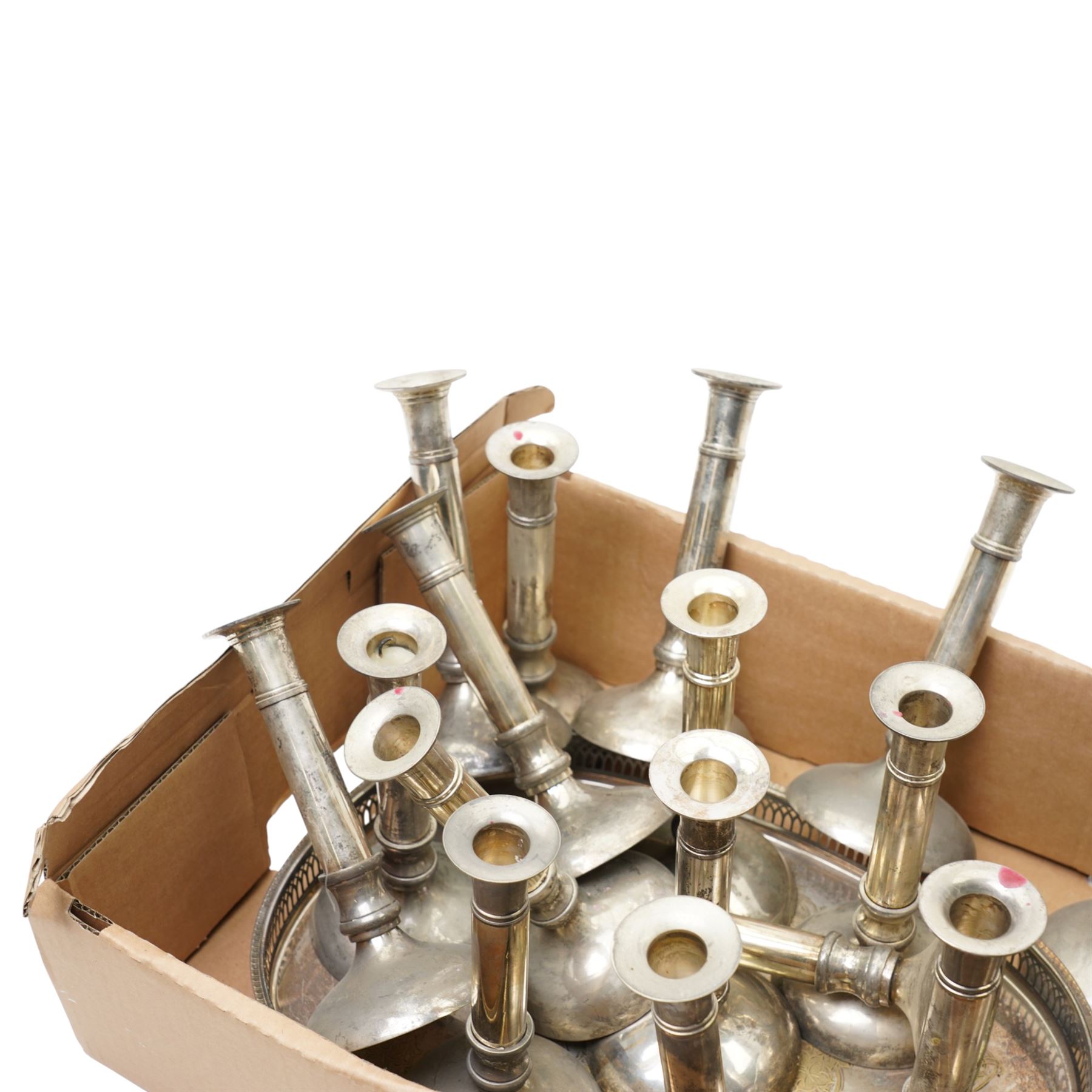 Set of twenty plated candlesticks H20cm and a plated tray