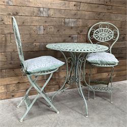 Painted wrought iron garden Bistro set, circular table and two fold chairs 