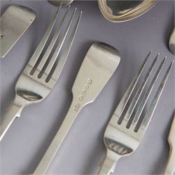 Set of Victorian silver Fiddle pattern cutlery for six place settings, comprising two table spoons, six dessert spoons, six table forks and six dessert forks, all engraved with initial to terminal, table spoons and dessert spoons hallmarked Robert Williams & Sons, Exeter 1848, forks hallmarked Henry Holland, London 1847