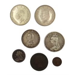  Small collection of mostly Great British coins including Queen Victoria 1854 penny, 1889 double florin and 1889 crown, two King George VI 1937 crowns etc   
