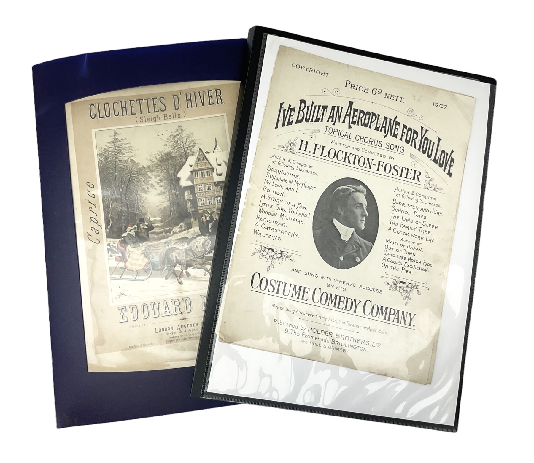 Two albums of Victorian and later sheet music, many with attractive illustrated coloured covers, to include some war and air force related examples to include The Frost Polka, Milk to my Tea, Tour Songs of the Air Service, Silver Wings in the Moonlight, etc, some facsimile