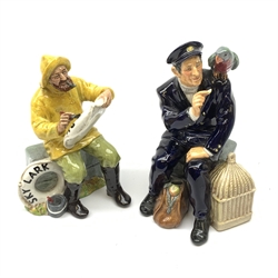 Two Royal Doulton figurines,  The Boatman HN2417, and Shore Leave HN2254, each with green printed mark beneath.