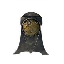 Metallwarenfaberic Straub & Schweizer - WMF silver plated timepiece clock c1910 in the aesthetic movement style, recessed enamel dial with Roman numerals, minute track and steel spade hands, single train going barrel movement  with a jewelled cylinder balance wheel escapement, wound and set from the rear, case with makers marks. 