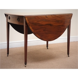 George IV cross banded mahogany drop leaf Pembroke table, single drawer, brass capped square tapering supports on castors, W96cm, H75cm, D136cm  