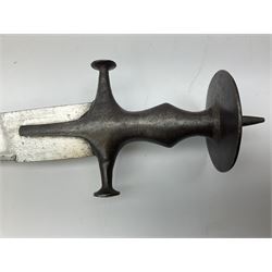 19th Century Indian Tulwar sword with 77cm single edged, slightly curved fullered blade;  steel crossguard, langets, grip and spiked disc pommel with stiff leaf decoration L90cm overall