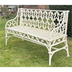 Val D'Osne pattern cast iron garden bench, late 19th century, the back having quatrefoil motif within floral tracery, on four supports united by a stretcher. H85cm, L136cm, D51cm.  - COLLECTION BY APPOINTMENT FROM: The White House, Thirsk Road, Easingwold, York, YO61 3NF - CALL 01723 507111 TO ARRANGE