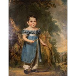 English Naïve School (Early 19th century): Portrait of a Young Boy with Stick and Hoop, oi...