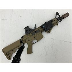 Combat Machine lithium battery powered airsoft BB rifle, 'Complete AEG Series' to fire 5mm pellets, with adjustable length stock L69cm non-extended; with six magazines, Trijicon ACOG red dot telescopic sight, battery charger etc (NO BATTERIES)