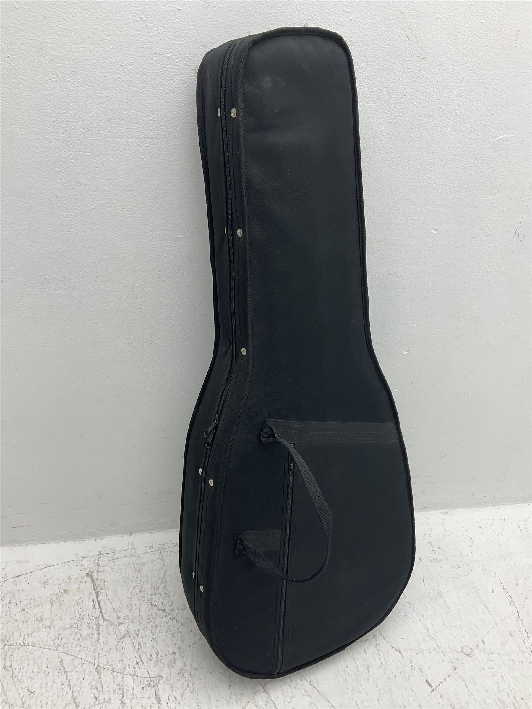 1950s acoustic guitar with f-holes and pickguard L105cm; black fur lined hard carrying case