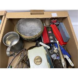 Ronson, Collibri and Supreme lighters, spectacles, glassware, silver-plated and other metalware, ceramics including dinner ware etc in four boxes