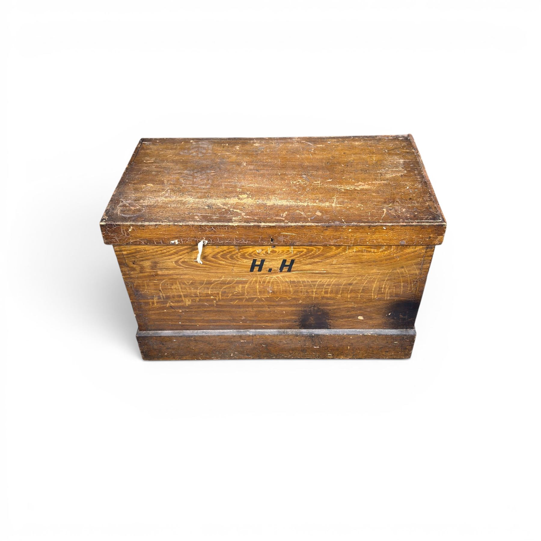 Victorian stained pine carpenters toolbox and contents, fitted interior with saws, planes, chisels etc