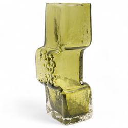 Whitefriars Textured Range 'Drunken Bricklayer' vase in sage green, designed by Geoffrey Baxter H21cm