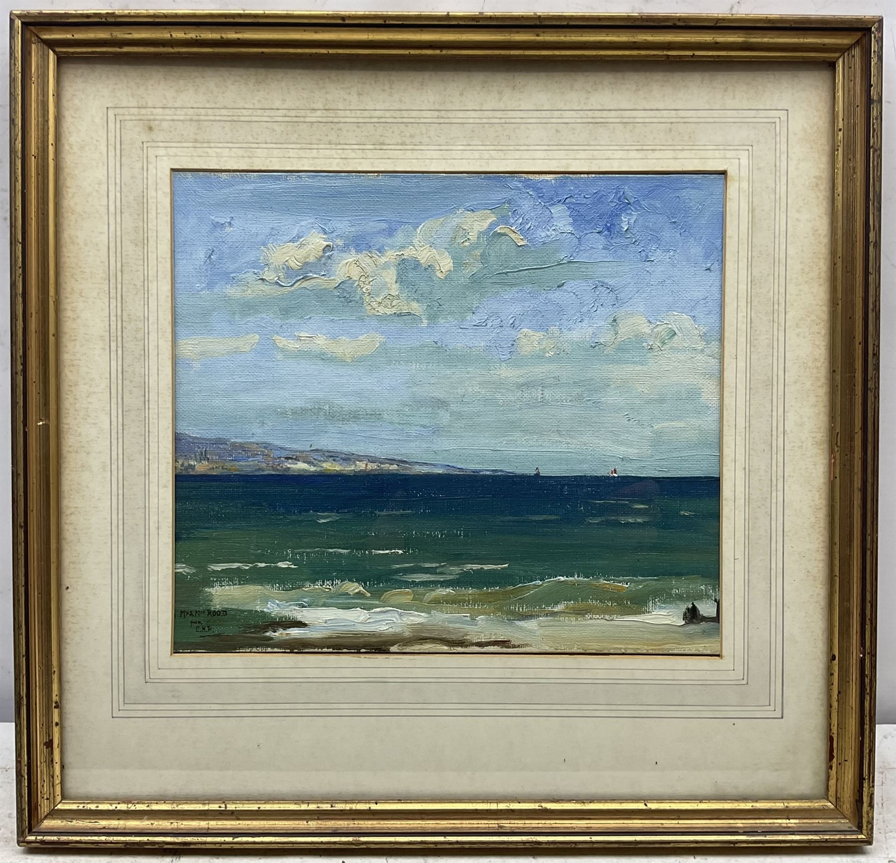 Edward Holroyd Pearce (British 1901-1990): Coastal Seascape, oil on canvas board signed with initials and inscribed to Mr & Mrs Rood 25cm x 29cm
Notes: Edward Pearce, though best known as a distinguished Law Lord & Privy Counsellor, was also a talented artist. He first took up painting in 1932 when as a young barrister he was recovering from tuberculosis. He was the son in law of Bertram Priestman, and a friend of Edward Seago. Together they made a number of painting tours to the Continent, travelling in Seago's Austin Seven