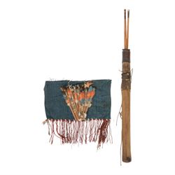 South American Indian carrying bag for blow pipe darts, together with African quiver with three barbed arrows